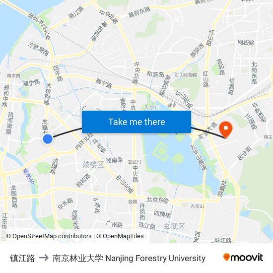 镇江路 to 南京林业大学 Nanjing Forestry University map