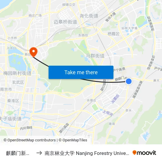 麒麟门新大街 to 南京林业大学 Nanjing Forestry University map