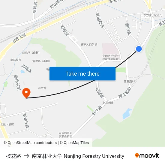 樱花路 to 南京林业大学 Nanjing Forestry University map