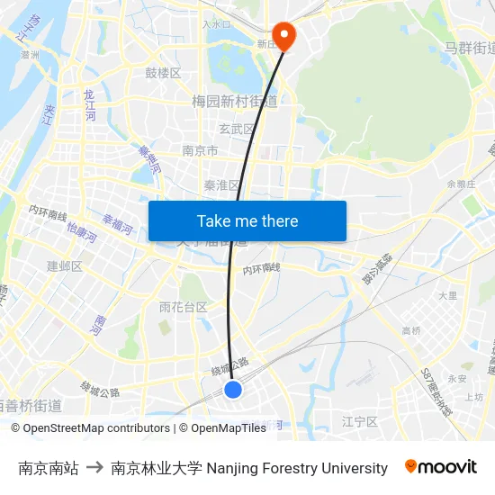 南京南站 to 南京林业大学 Nanjing Forestry University map