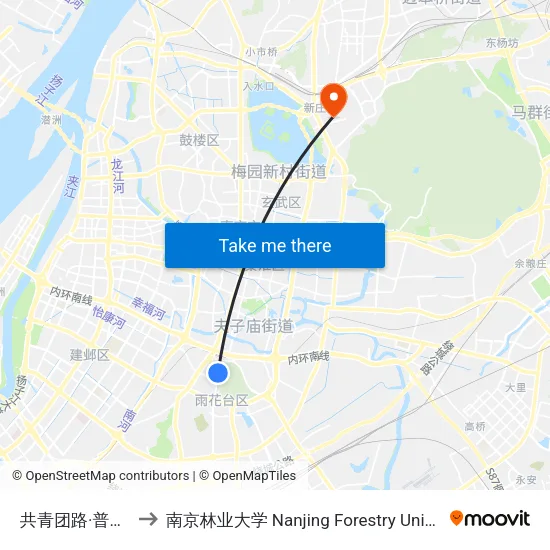 共青团路·普德村 to 南京林业大学 Nanjing Forestry University map
