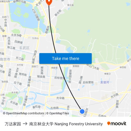 万达家园 to 南京林业大学 Nanjing Forestry University map