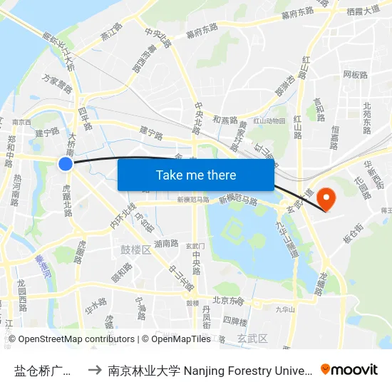盐仓桥广场西 to 南京林业大学 Nanjing Forestry University map