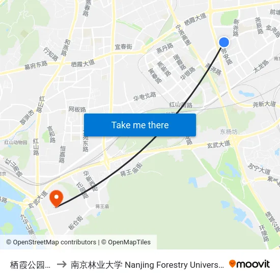栖霞公园路 to 南京林业大学 Nanjing Forestry University map