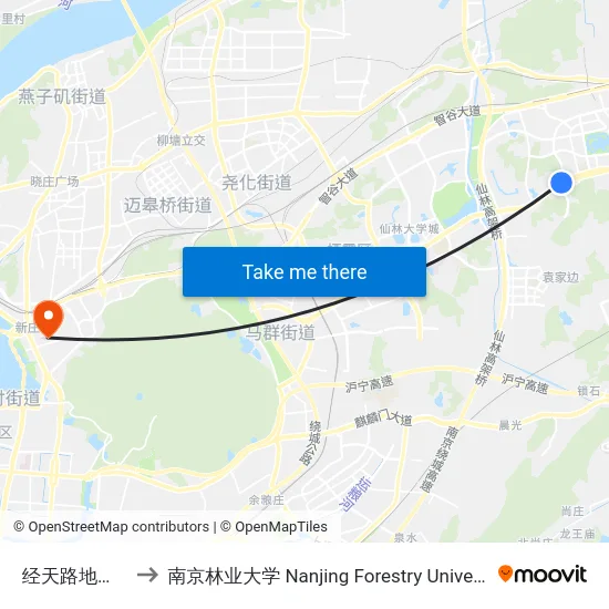 经天路地铁站 to 南京林业大学 Nanjing Forestry University map