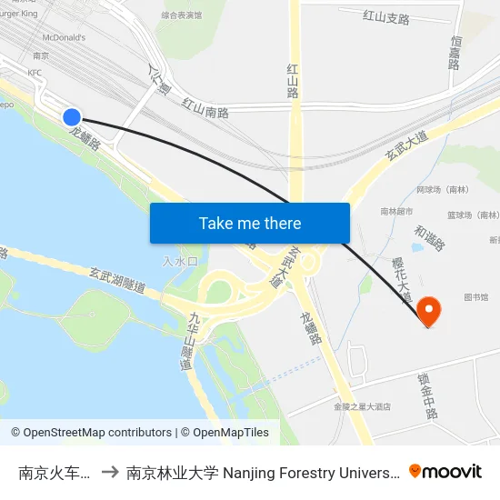 南京火车站 to 南京林业大学 Nanjing Forestry University map