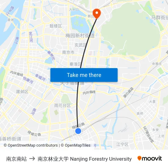 南京南站 to 南京林业大学 Nanjing Forestry University map