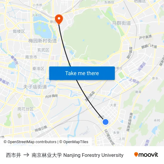 西市井 to 南京林业大学 Nanjing Forestry University map