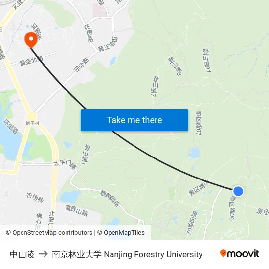中山陵 to 南京林业大学 Nanjing Forestry University map