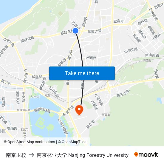 南京卫校 to 南京林业大学 Nanjing Forestry University map