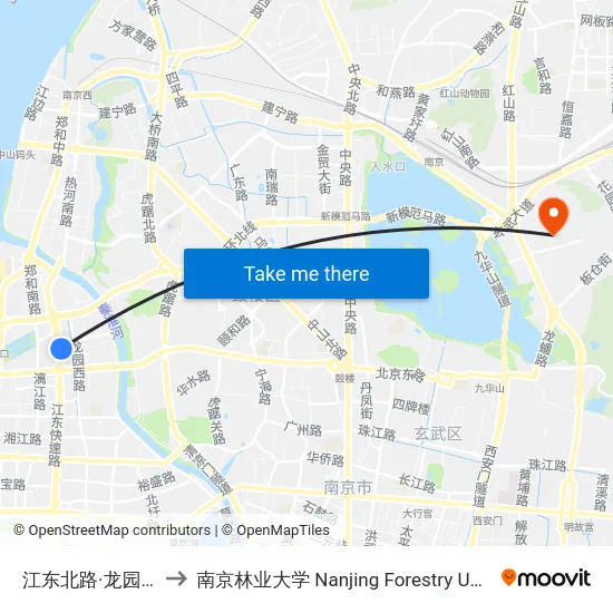 江东北路·龙园北路 to 南京林业大学 Nanjing Forestry University map