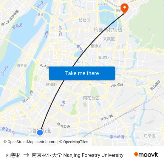 西善桥 to 南京林业大学 Nanjing Forestry University map