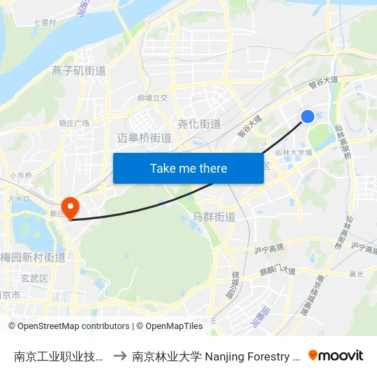 南京工业职业技术学院 to 南京林业大学 Nanjing Forestry University map