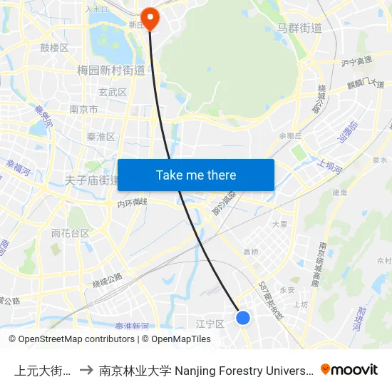 上元大街东 to 南京林业大学 Nanjing Forestry University map