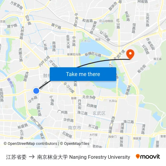 江苏省委 to 南京林业大学 Nanjing Forestry University map