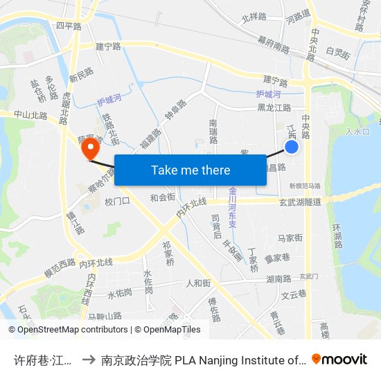 许府巷·江西路 to 南京政治学院 PLA Nanjing Institute of Politics map