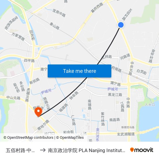 五佰村路·中央北路 to 南京政治学院 PLA Nanjing Institute of Politics map