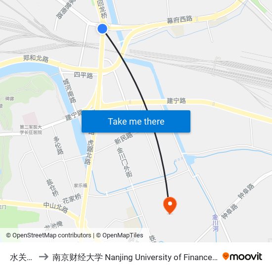 水关桥西 to 南京财经大学 Nanjing University of Finance and Economics map