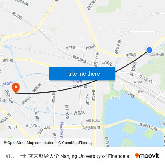 红山站 to 南京财经大学 Nanjing University of Finance and Economics map