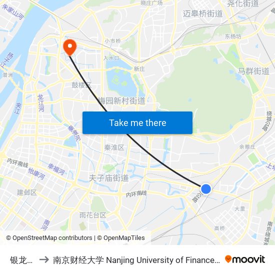 银龙花园 to 南京财经大学 Nanjing University of Finance and Economics map