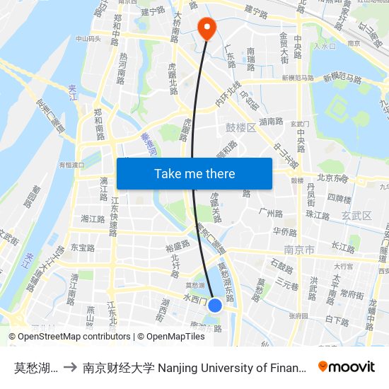 莫愁湖公园 to 南京财经大学 Nanjing University of Finance and Economics map