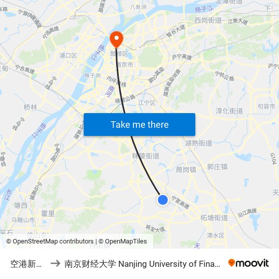 空港新城江宁 to 南京财经大学 Nanjing University of Finance and Economics map