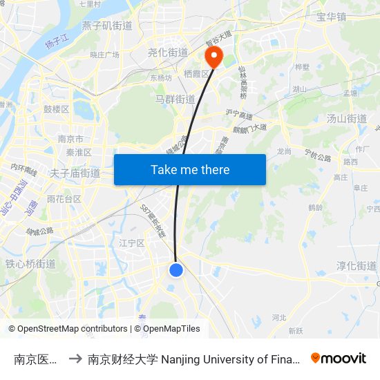 南京医科大学 to 南京财经大学 Nanjing University of Finance and Economics map