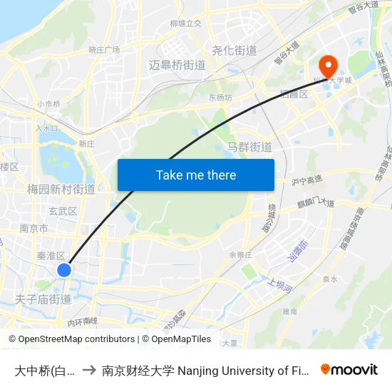 大中桥(白下路东) to 南京财经大学 Nanjing University of Finance and Economics map