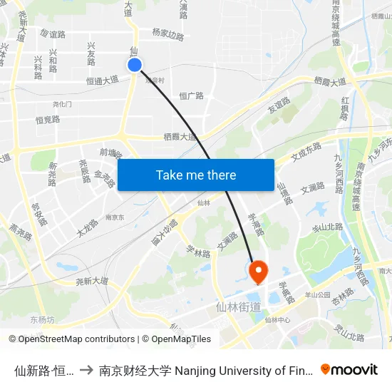 仙新路·恒通大道 to 南京财经大学 Nanjing University of Finance and Economics map