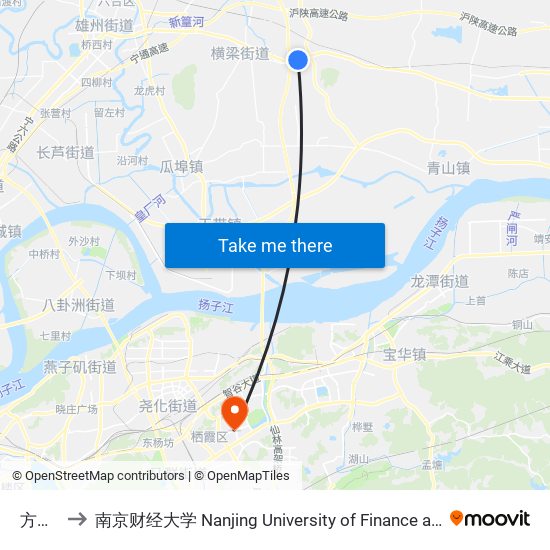 方山村 to 南京财经大学 Nanjing University of Finance and Economics map