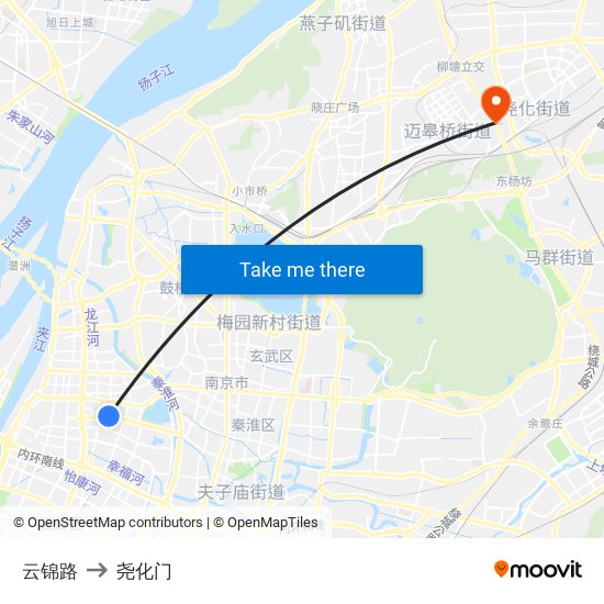 云锦路 to 尧化门 map