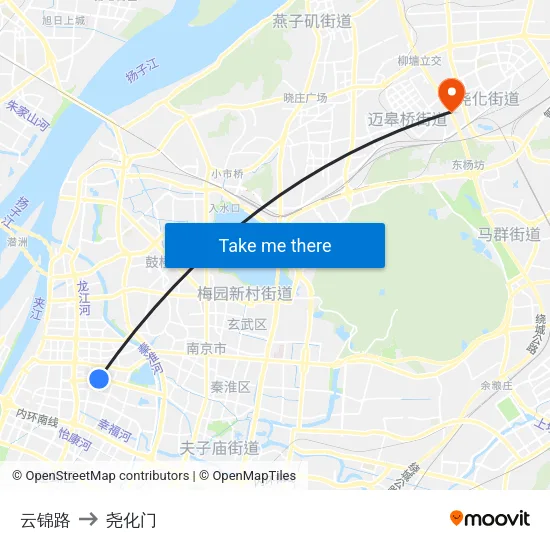 云锦路 to 尧化门 map