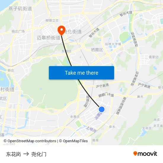 东花岗 to 尧化门 map