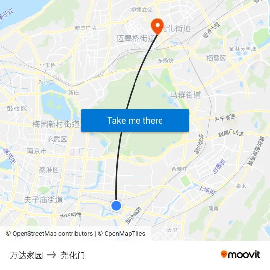 万达家园 to 尧化门 map