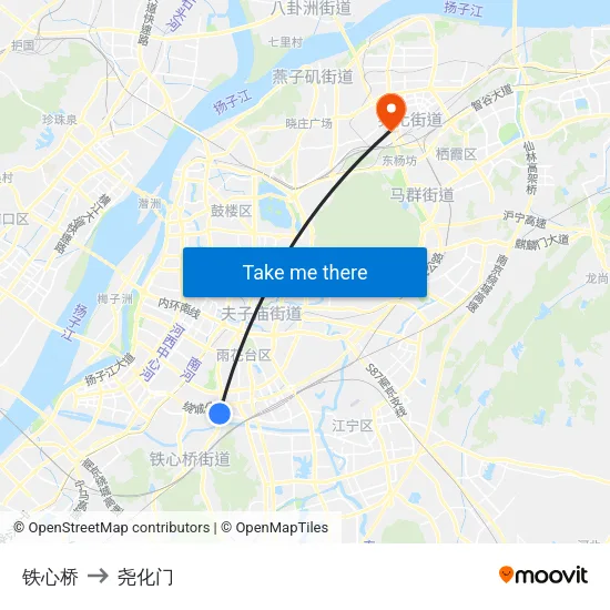 铁心桥 to 尧化门 map