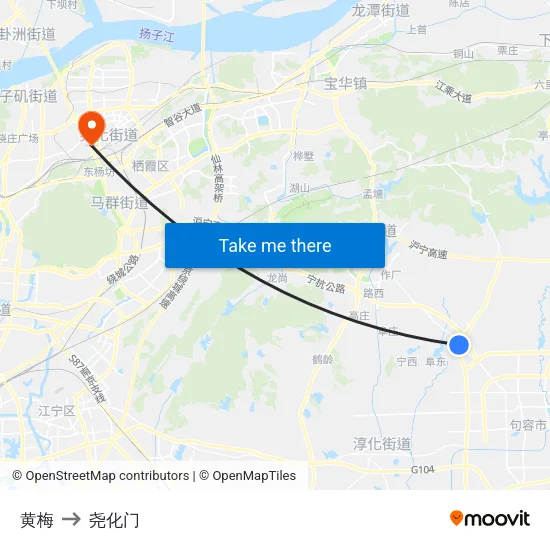 黄梅 to 尧化门 map