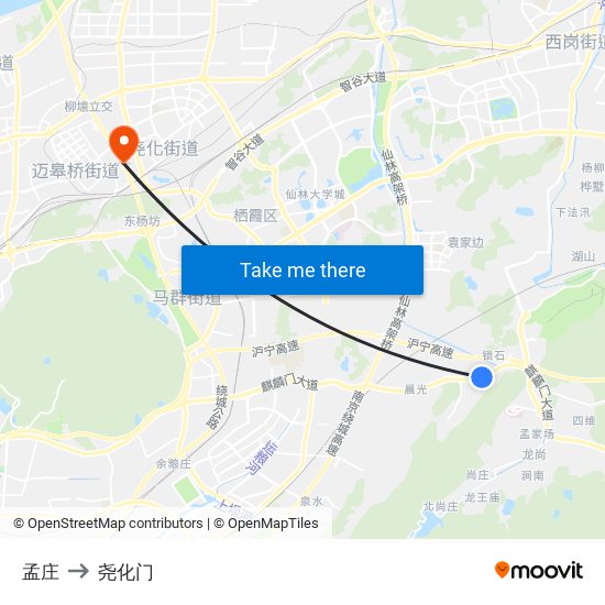 孟庄 to 尧化门 map