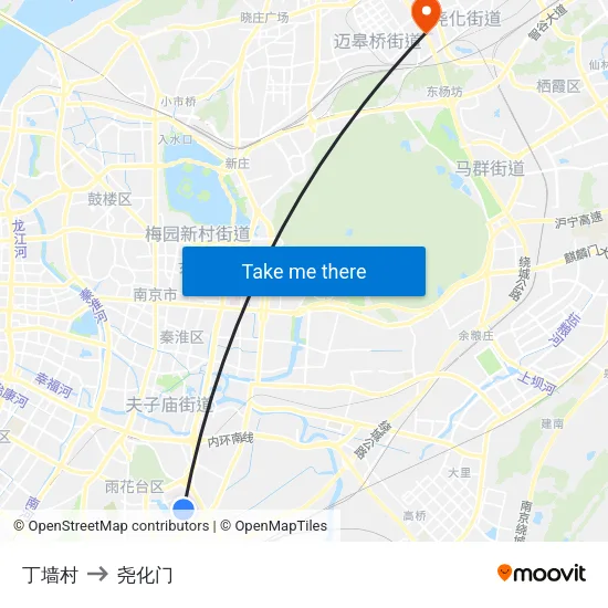 丁墙村 to 尧化门 map