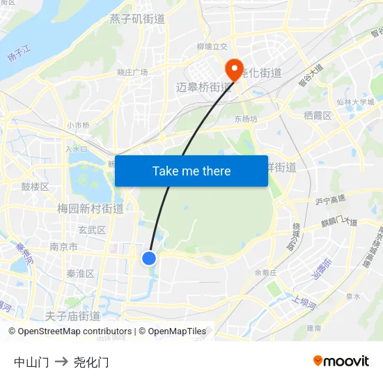 中山门 to 尧化门 map
