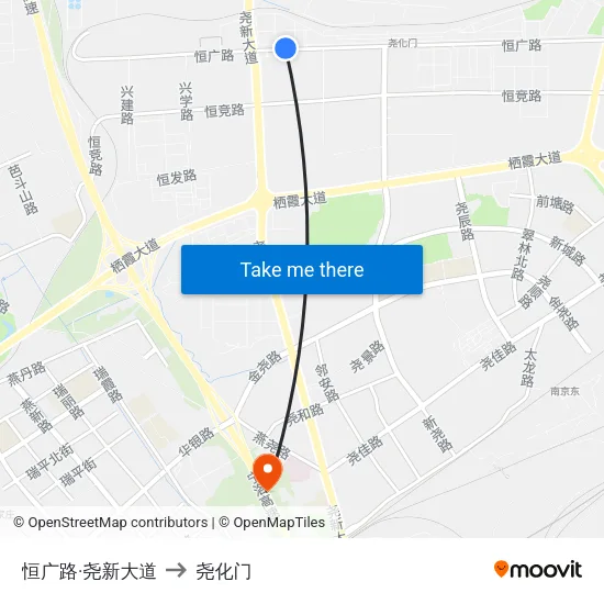 恒广路·尧新大道 to 尧化门 map