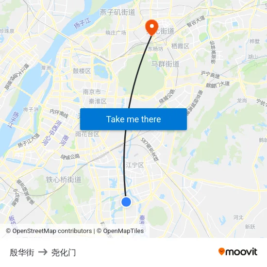 殷华街 to 尧化门 map