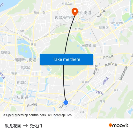 银龙花园 to 尧化门 map