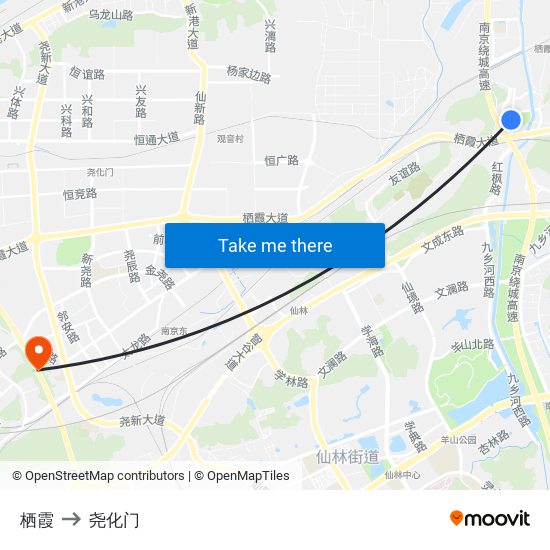 栖霞 to 尧化门 map