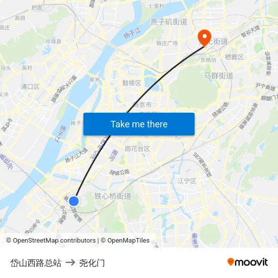 岱山西路总站 to 尧化门 map