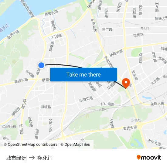 城市绿洲 to 尧化门 map