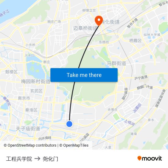 工程兵学院 to 尧化门 map