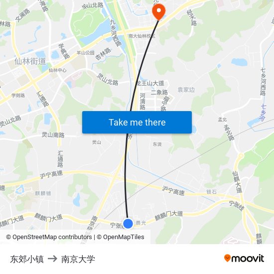 东郊小镇 to 南京大学 map