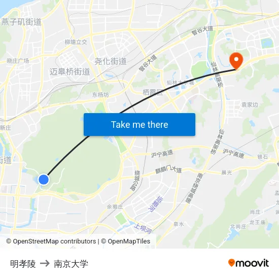 明孝陵 to 南京大学 map
