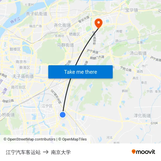 江宁汽车客运站 to 南京大学 map