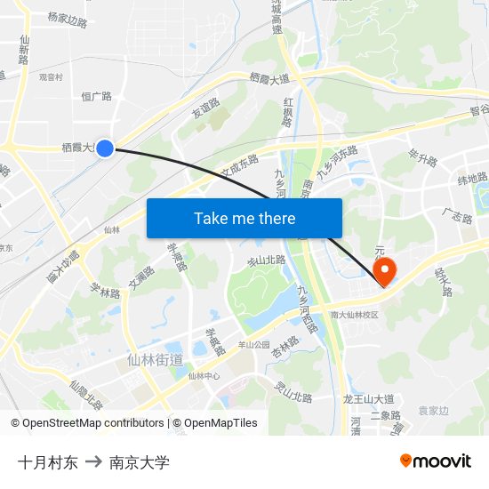 十月村东 to 南京大学 map